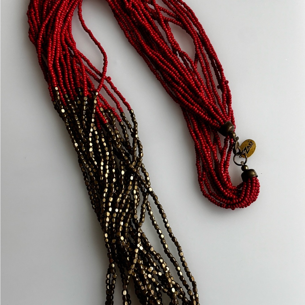 ZAD Cranberry and gold color seed bead necklace/ gold tone/measures 38 in length - Picture 9 of 9